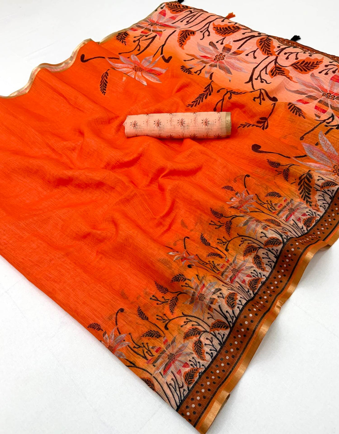 Vivacious Orange Printed Cotton Silk Saree With Nemesis Blouse Piece