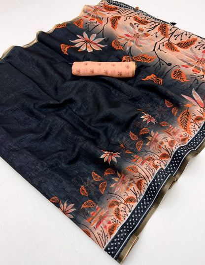 Ephemeral Black Printed Cotton Silk Saree With Inspiring Blouse Piece