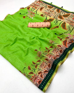 Exuberant Parrot Printed Cotton Silk Saree With Surreptitious Blouse Piece