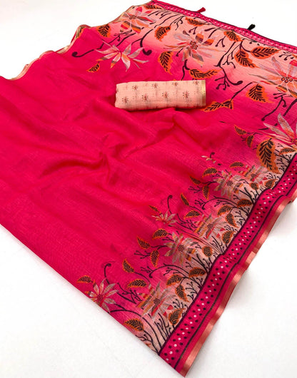 Sensational Dark Pink Printed Cotton Silk Saree With Snazzy Blouse Piece