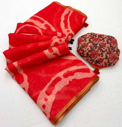 Scrumptious Red Printed Cotton Silk Saree With Seraphic Blouse Piece
