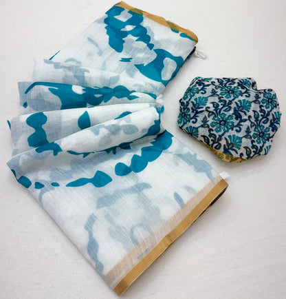 Flaunt Off White Printed Cotton Silk Saree With Rhapsodic Blouse Piece
