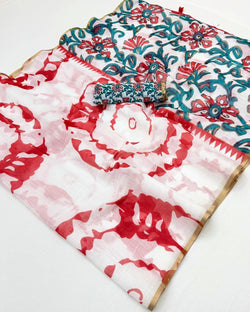 Ethnic Off White Printed Cotton Silk Saree With Demanding Blouse Piece