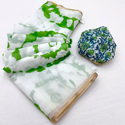 Delightful Off White Printed Cotton Silk Saree With Prettiest Blouse Piece