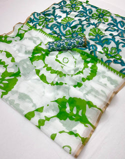 Delightful Off White Printed Cotton Silk Saree With Prettiest Blouse Piece