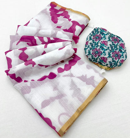 Nectarous Off White Printed Cotton Silk Saree With Snazzy Blouse Piece