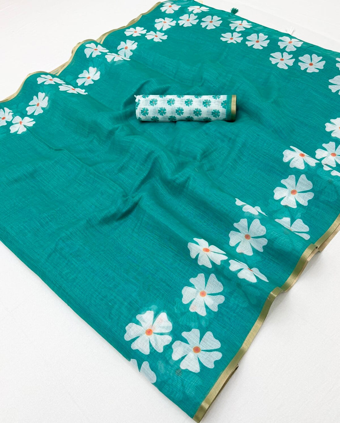 Flamboyant Sea Green Printed Cotton Silk Saree With Imaginative Blouse Piece