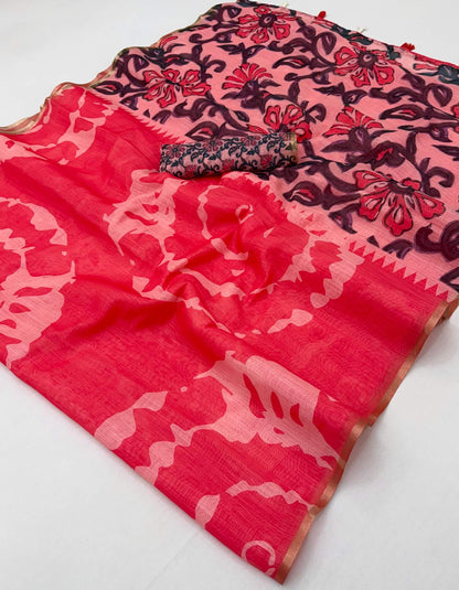 Whimsical Pink Printed Cotton Silk Saree With Hypnotic Blouse Piece
