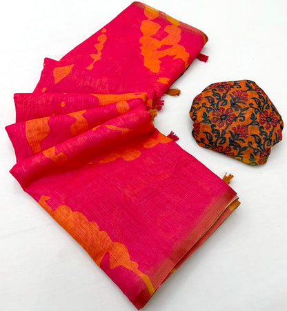 Elision Dark Pink Printed Cotton Silk Saree With Magnetic Blouse Piece