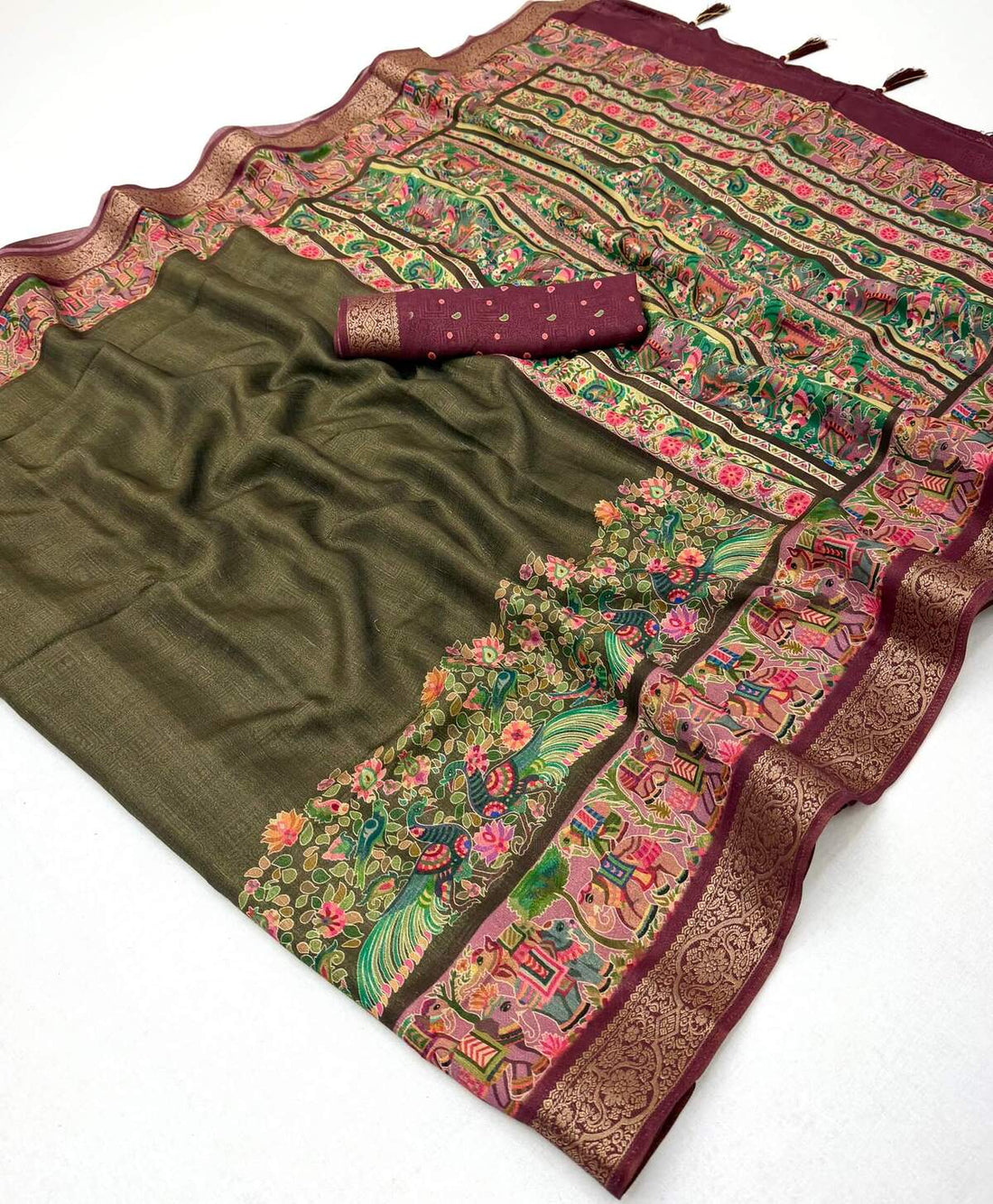 Quintessential Mehndi Printed Viscose Silk Saree With Bucolic Blouse Piece