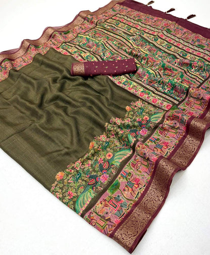 Quintessential Mehndi Printed Viscose Silk Saree With Bucolic Blouse Piece