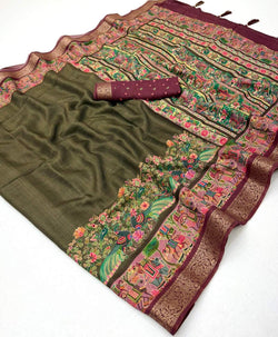 Quintessential Mehndi Printed Viscose Silk Saree With Bucolic Blouse Piece