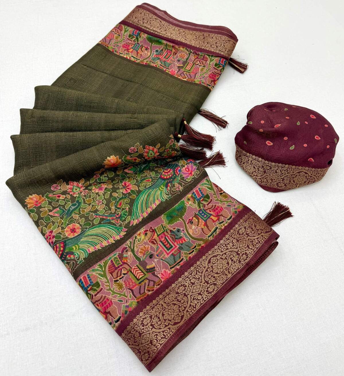 Quintessential Mehndi Printed Viscose Silk Saree With Bucolic Blouse Piece
