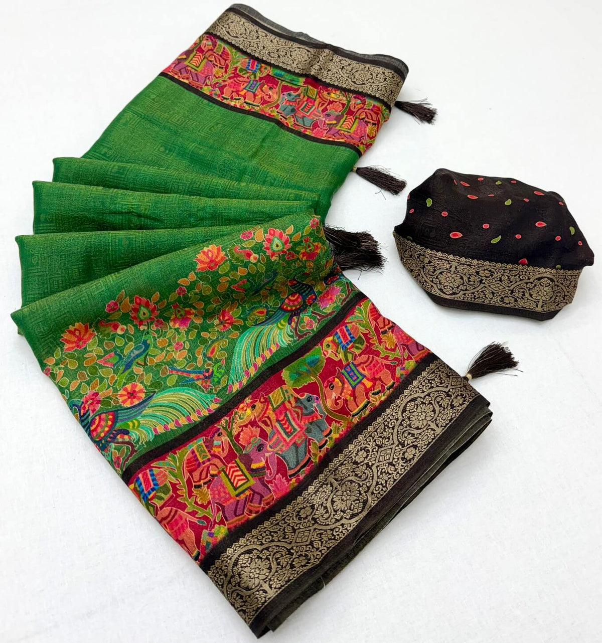 Alluring Dark Green Printed Viscose Silk Saree With Aplomb Blouse Piece