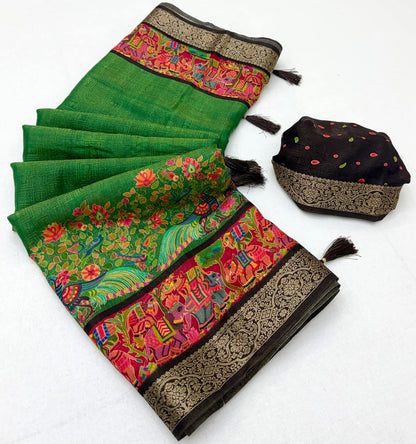 Alluring Dark Green Printed Viscose Silk Saree With Aplomb Blouse Piece