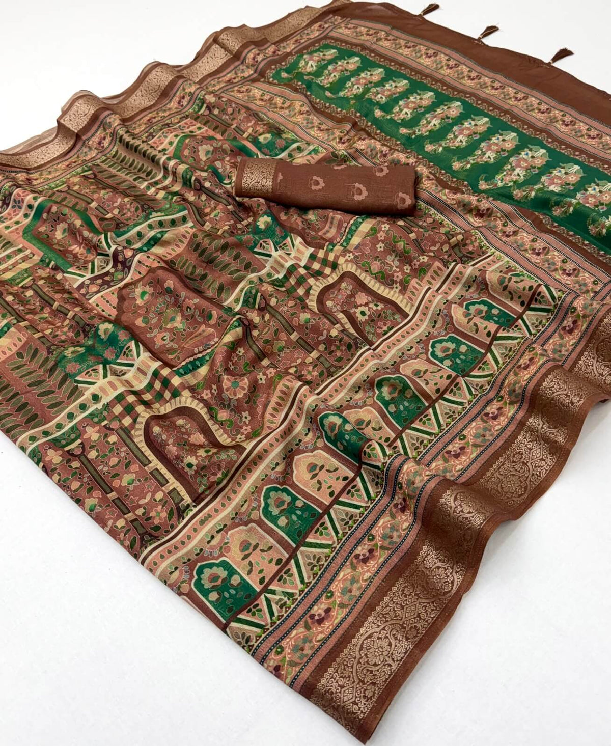 Enigmatic Brown Printed Viscose Silk Saree With Vivacious Blouse Piece