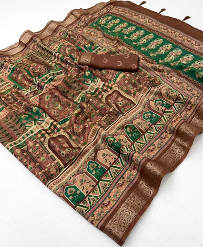 Enigmatic Brown Printed Viscose Silk Saree With Vivacious Blouse Piece