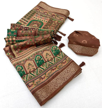 Enigmatic Brown Printed Viscose Silk Saree With Vivacious Blouse Piece