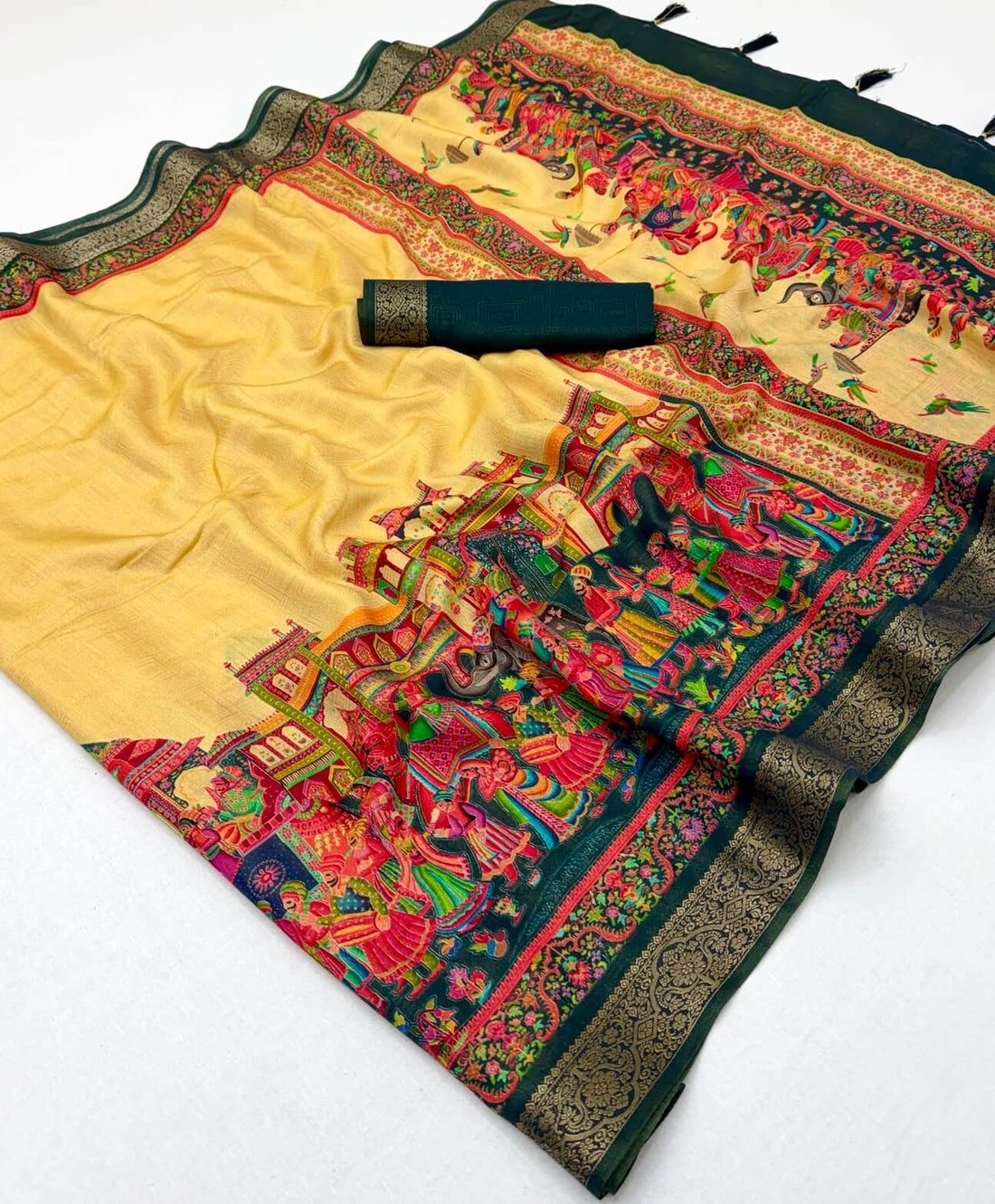 Symmetrical Yellow Printed Viscose Silk Saree With Susurrous Blouse Piece