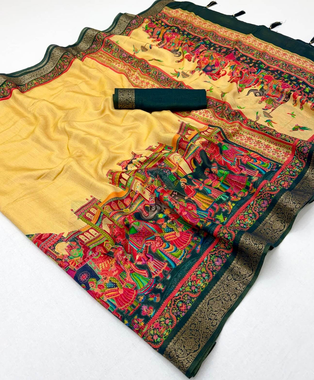 Symmetrical Yellow Printed Viscose Silk Saree With Susurrous Blouse Piece