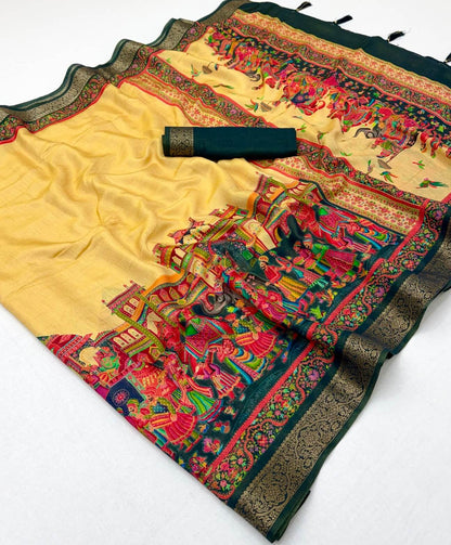 Symmetrical Yellow Printed Viscose Silk Saree With Susurrous Blouse Piece