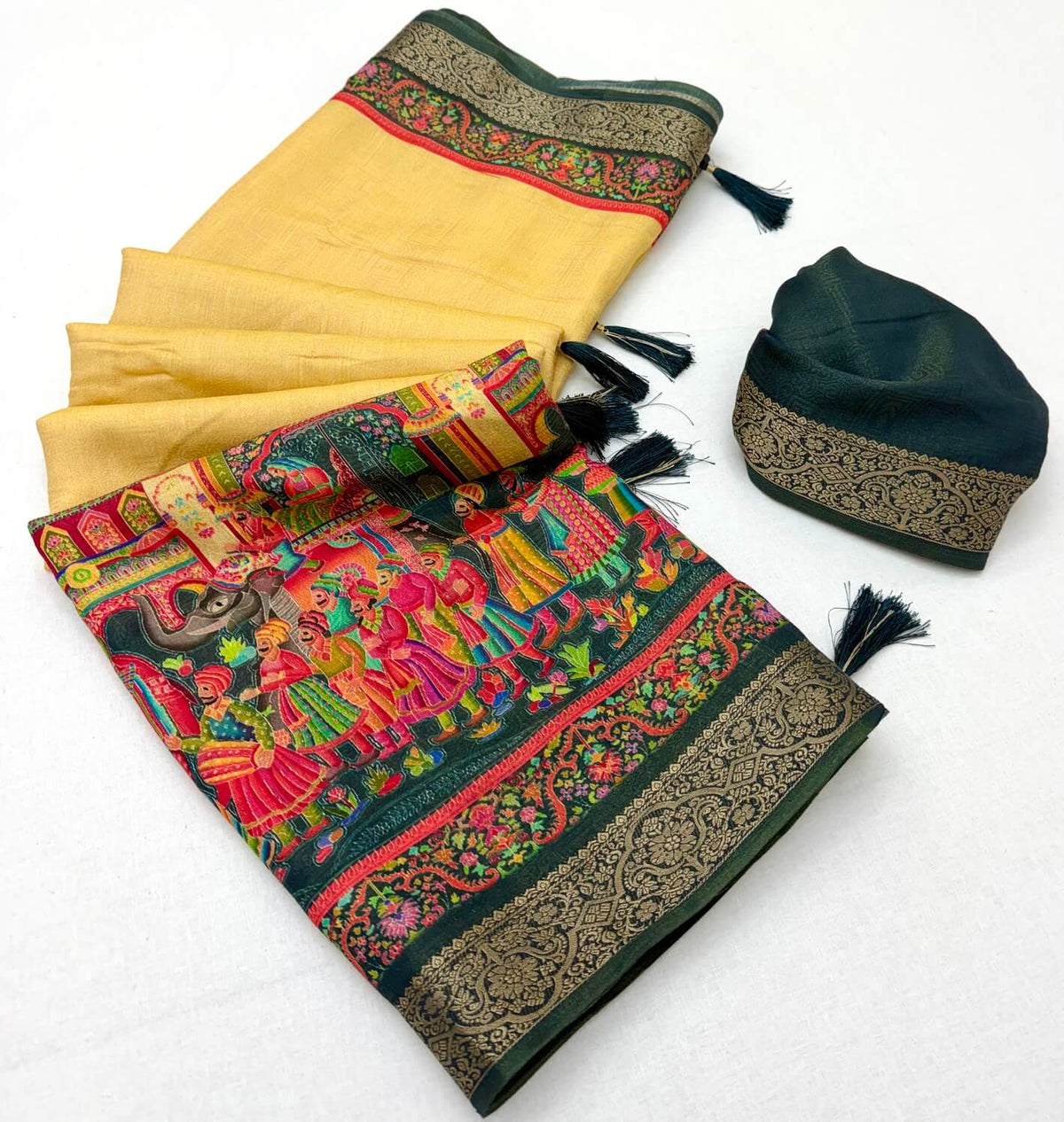 Symmetrical Yellow Printed Viscose Silk Saree With Susurrous Blouse Piece