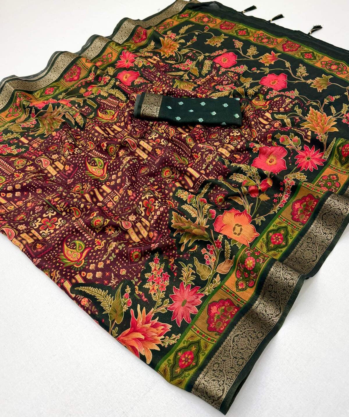 Ornate Wine Printed Viscose Silk Saree With Winsome Blouse Piece