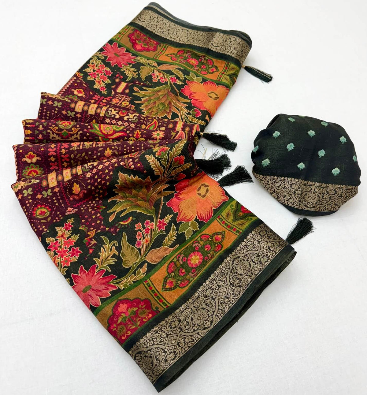 Ornate Wine Printed Viscose Silk Saree With Winsome Blouse Piece