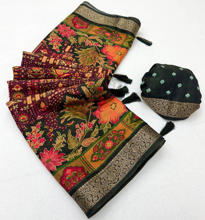 Ornate Wine Printed Viscose Silk Saree With Winsome Blouse Piece