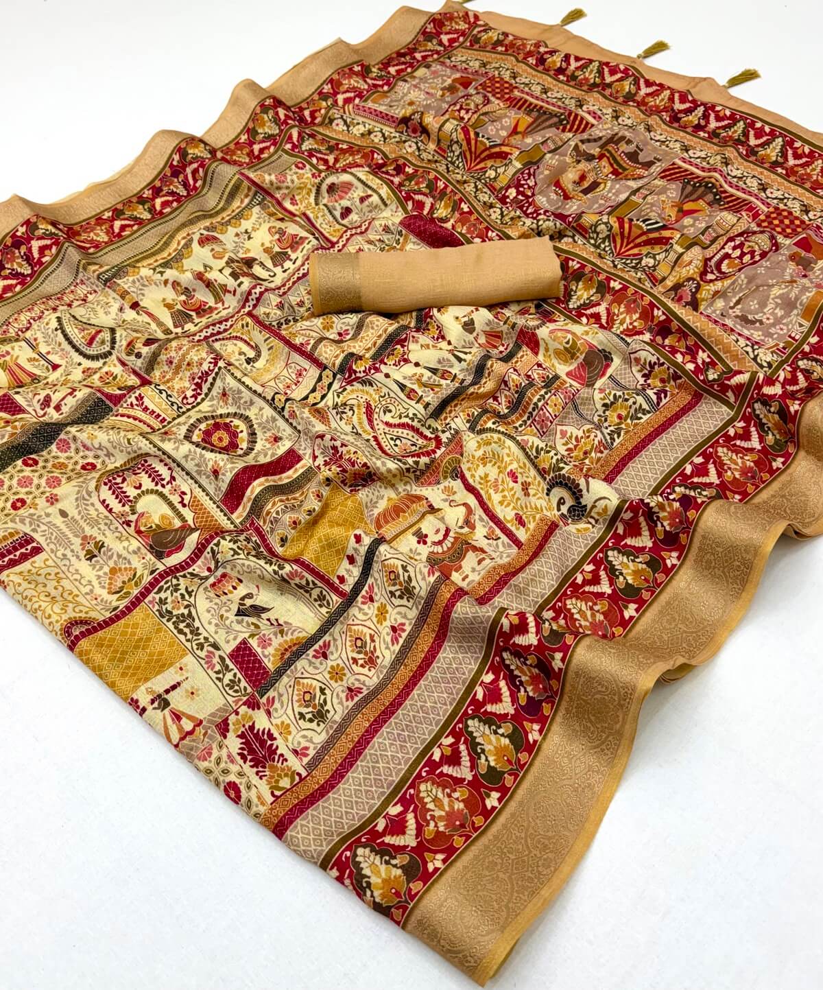 Energetic Beige Printed Viscose Silk Saree With Dazzling Blouse Piece