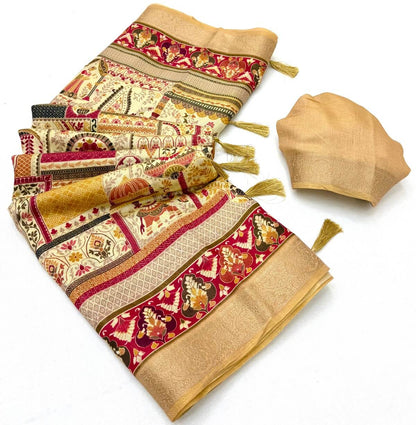 Energetic Beige Printed Viscose Silk Saree With Dazzling Blouse Piece