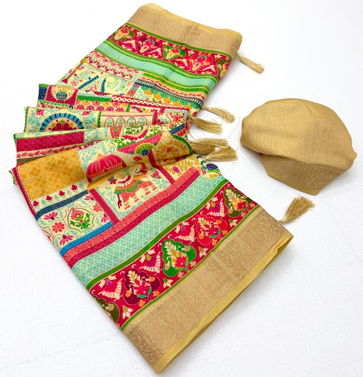Panoply Beige Printed Viscose Silk Saree With Dalliance Blouse Piece