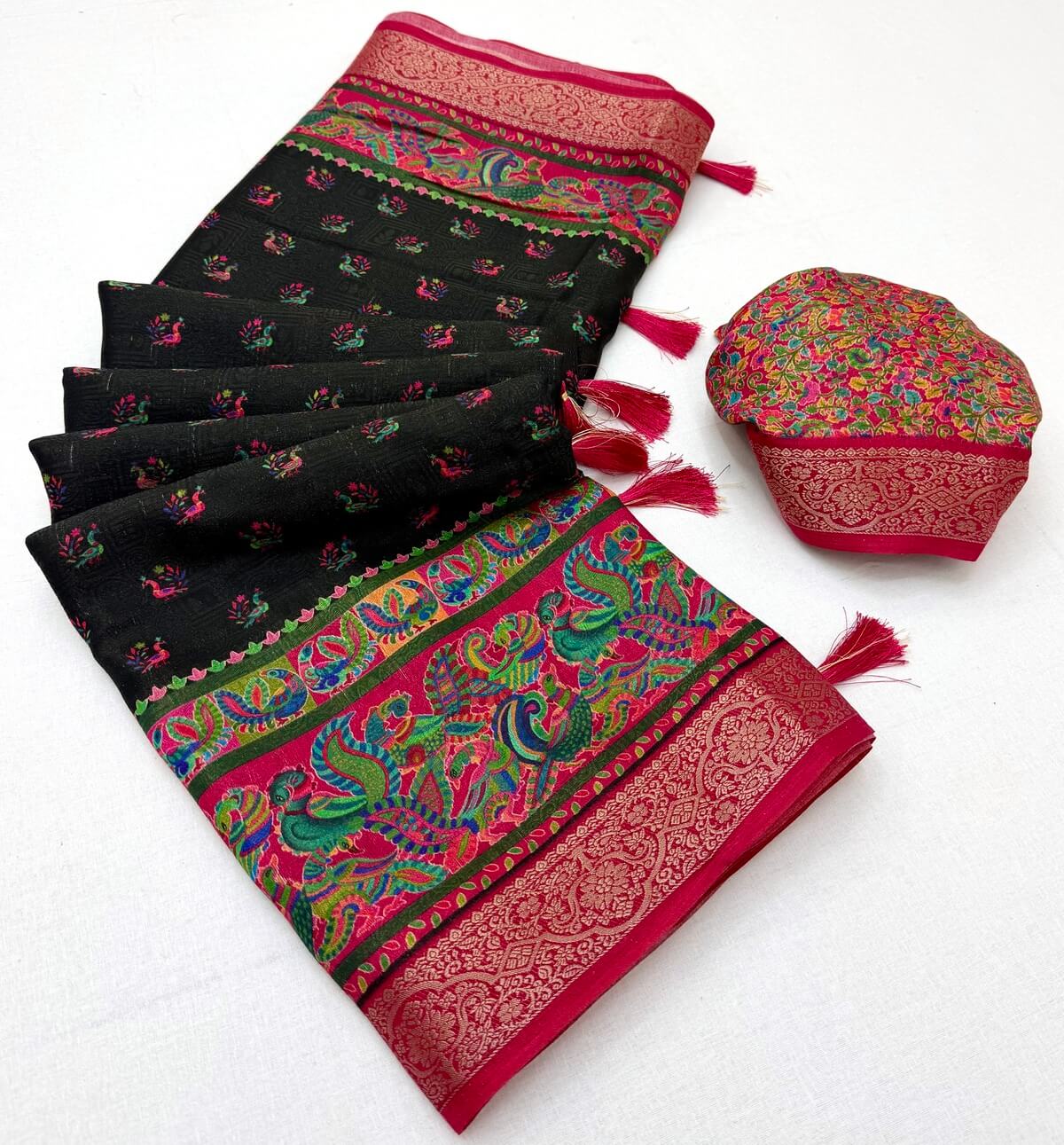 Pleasurable Black Printed Viscose Silk Saree With Wonderful Blouse Piece