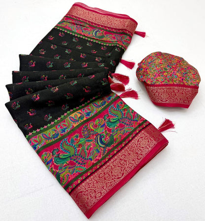 Pleasurable Black Printed Viscose Silk Saree With Wonderful Blouse Piece