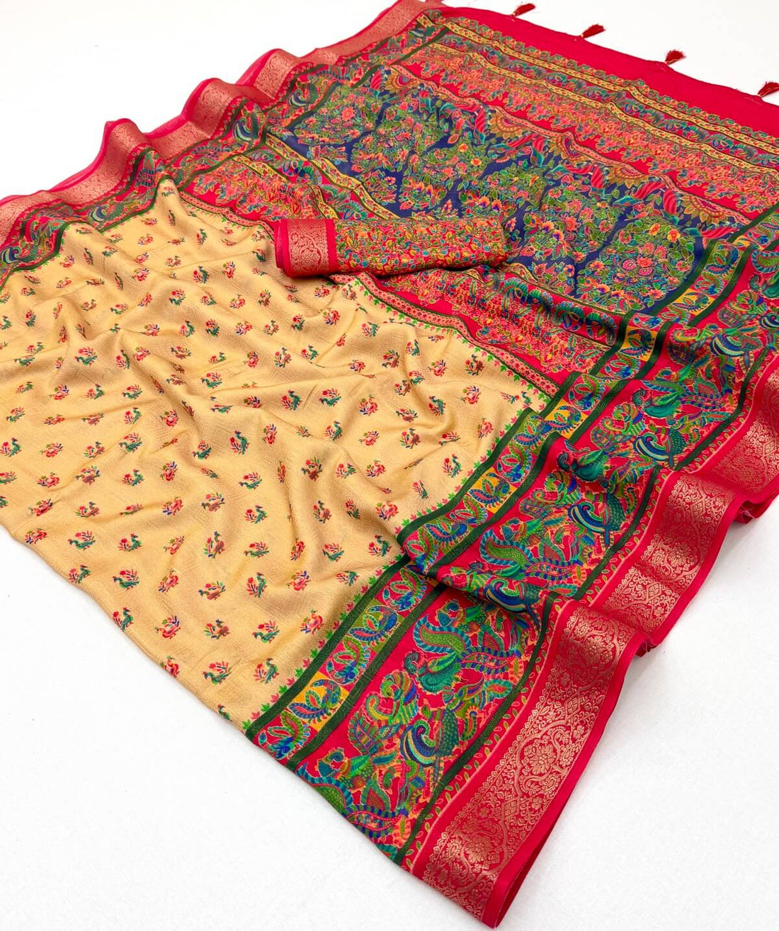 Comely Beige Printed Viscose Silk Saree With Petrichor Blouse Piece