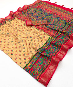 Comely Beige Printed Viscose Silk Saree With Petrichor Blouse Piece