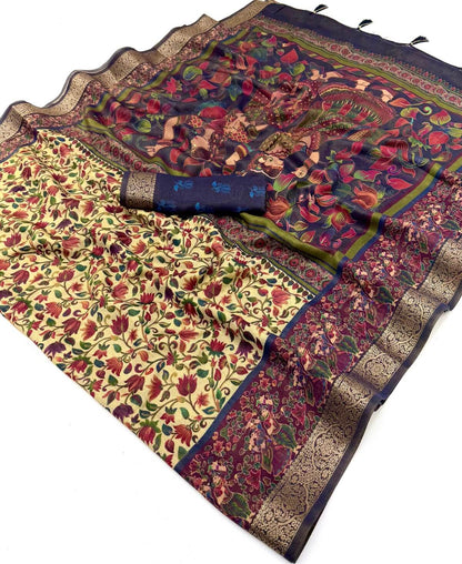 Ideal Beige Printed Viscose Silk Saree With Sensational Blouse Piece