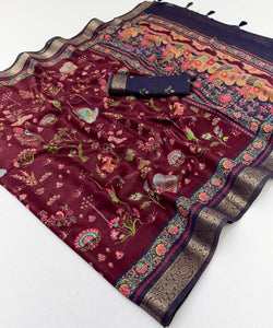 Inspiring Wine Printed Viscose Silk Saree With Engrossing Blouse Piece
