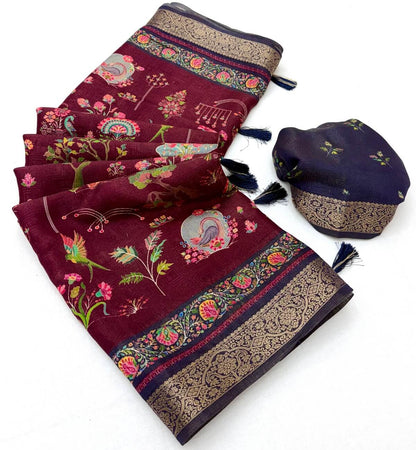 Inspiring Wine Printed Viscose Silk Saree With Engrossing Blouse Piece