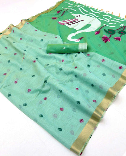Mesmeric Sea Green Pure Munga Cotton Silk Saree With Prodigal Blouse Piece