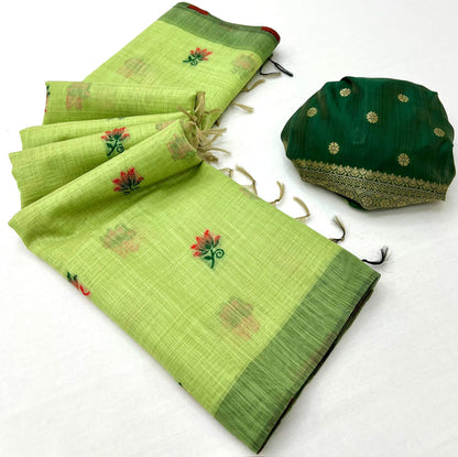 Luminous Pista Pure Munga Cotton Silk Saree With Serendipity Blouse Piece