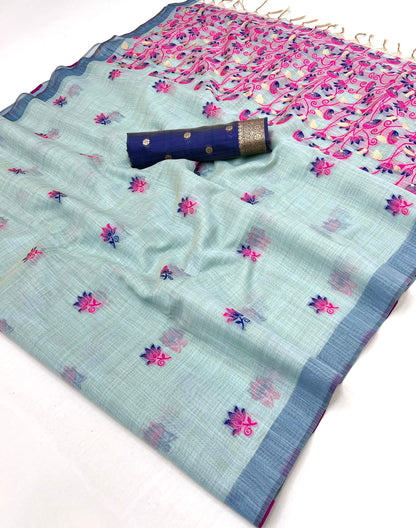 Scintilla Sea Green Pure Munga Cotton Silk Saree With Gossamer Blouse Piece