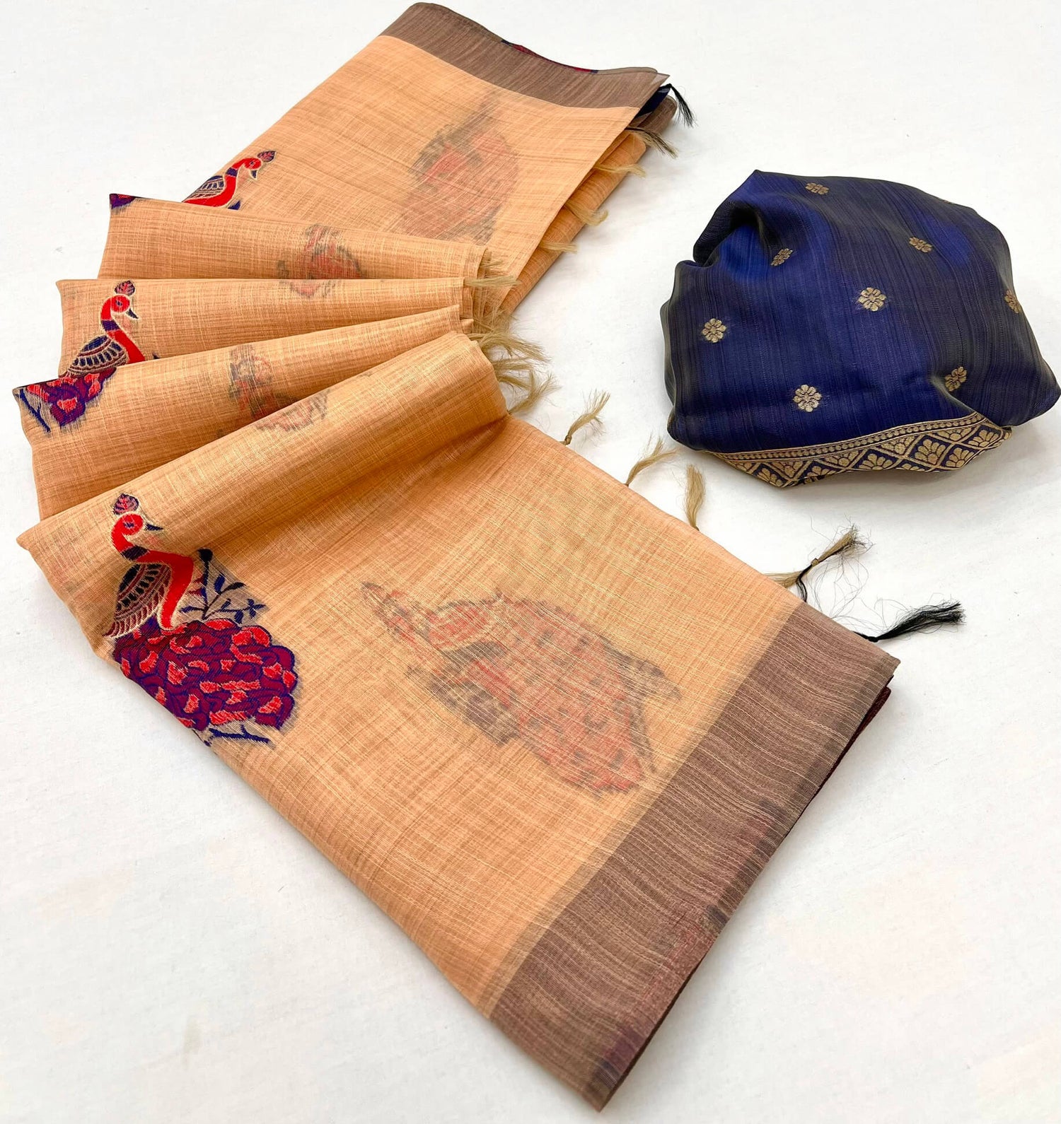 Exquisite Peach Pure Munga Cotton Silk Saree With Profuse Blouse Piece