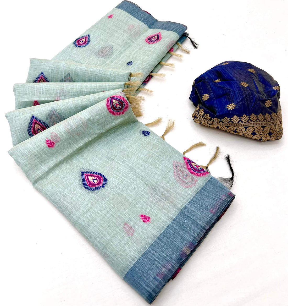 Innovative Sea Green Pure Munga Cotton Silk Saree With Extraordinary Blouse Piece