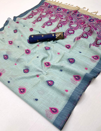 Innovative Sea Green Pure Munga Cotton Silk Saree With Extraordinary Blouse Piece
