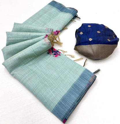 Petrichor Sky Pure Munga Cotton Silk Saree With Sempiternal Blouse Piece