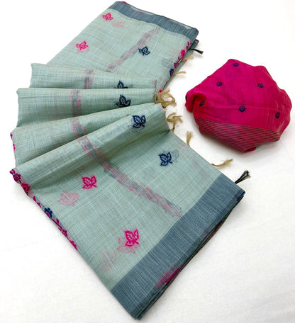 Preferable Sea Green Pure Munga Cotton Silk Saree With Precious Blouse Piece