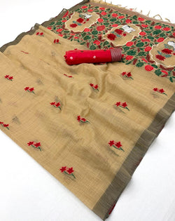 Pretty Beige Pure Munga Cotton Silk Saree With Whimsical Blouse Piece
