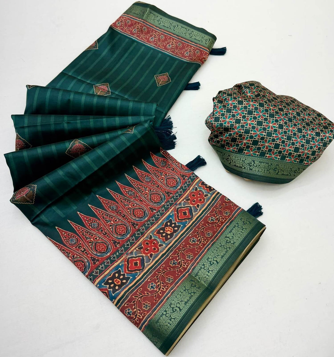 Flameboyant Dark Green Ajrakh Printed Soft Silk Saree With Invaluable Blouse Piece