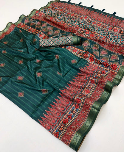 Flameboyant Dark Green Ajrakh Printed Soft Silk Saree With Invaluable Blouse Piece